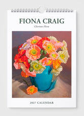 Fiona Craig 2027 calendar with a painting of flowers in a blue vase on a white background