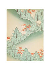A Japanese-style landscape art print featuring rolling green hills, pine trees, and scattered orange-red autumn leaves on a cream background.