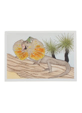 Illustration of a frilled lizard on a branch with plants in the background