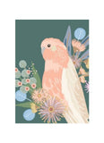 Illustration of a pink cockatoo surrounded by flowers on a dark green background