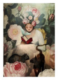 Woman reading a book surrounded by flowers and cats in a decorative setting