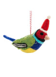 Colorful bird-shaped ornament with a Santa hat on a white background