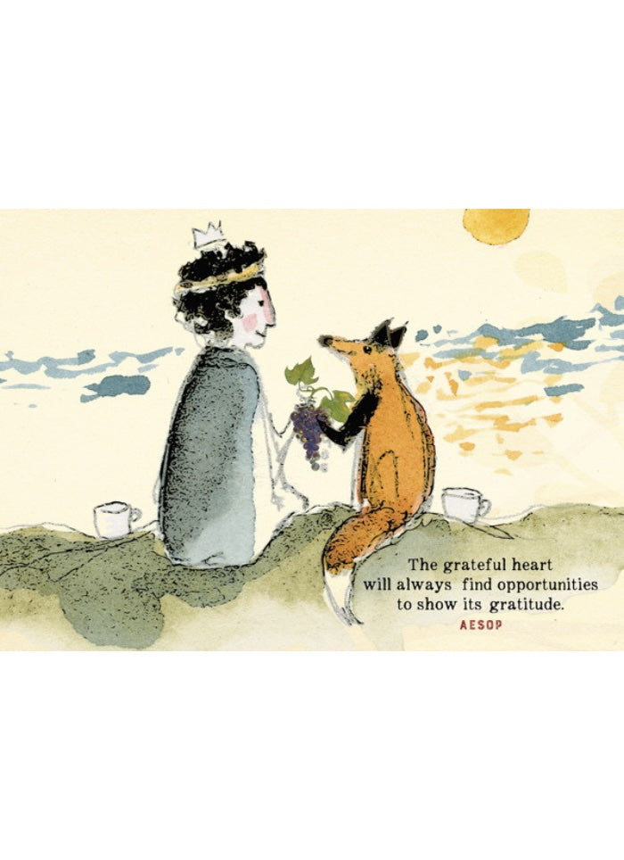 Illustration of a woman and a fox with a quote by Aesop on a landscape background.