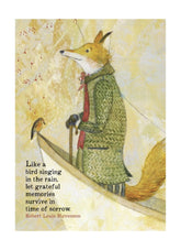 Illustration of a fox in a green coat with a bird, on a textured yellow background.