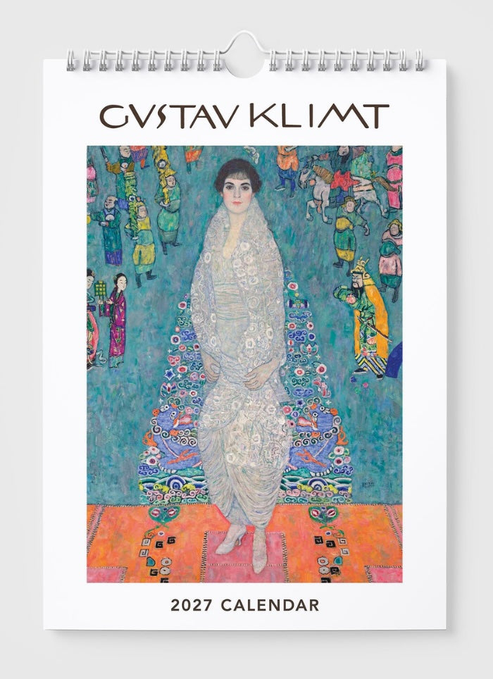 Gustav Klimt 2027 calendar with a woman in a white dress and colorful background.