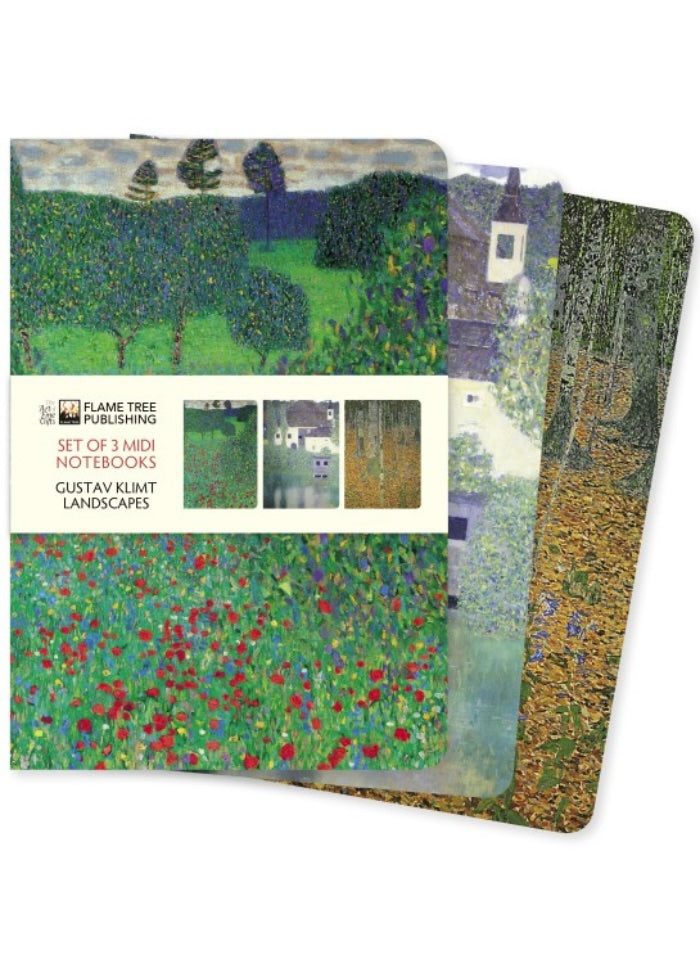 Set of three mini notebooks with Gustav Klimt landscapes on a white background