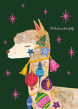 Alpaca with decorations on it and a green background,