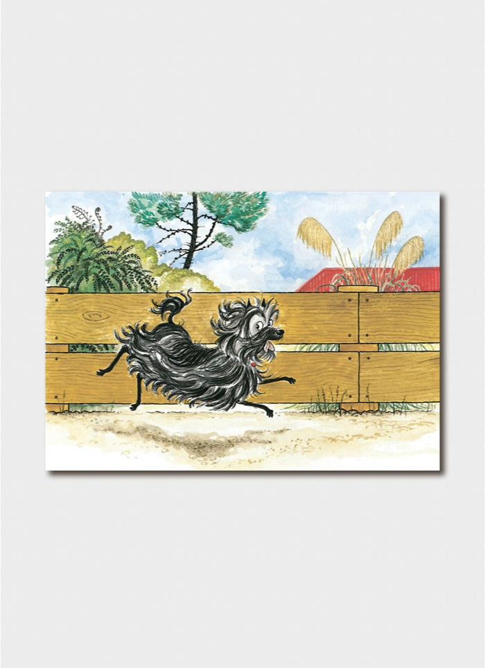 Hairy Maclary running beside a fence card