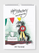Calendar cover featuring a dog with a ribbon and 'Hairy Maclary and Friends' text on a white background