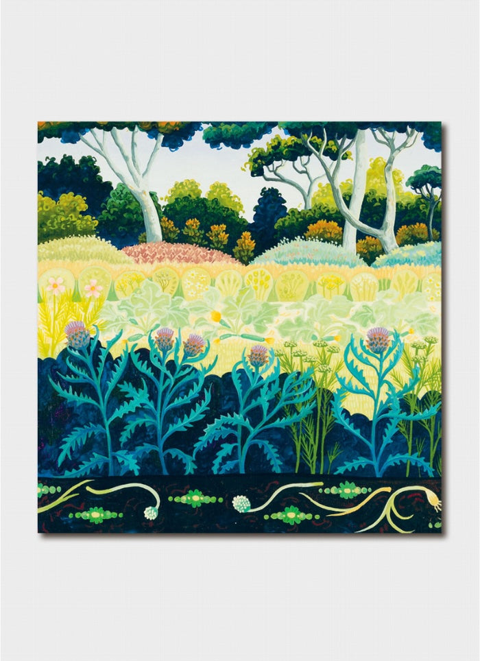 Colorful landscape painting with trees, flowers, and plants on a white background