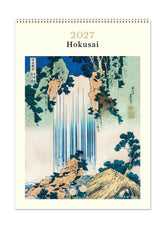 Hokusai 2027 calendar with a waterfall illustration on a white background