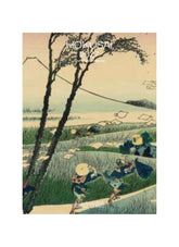 Vintage Japanese woodblock print with people walking along a path, trees, and traditional architecture.