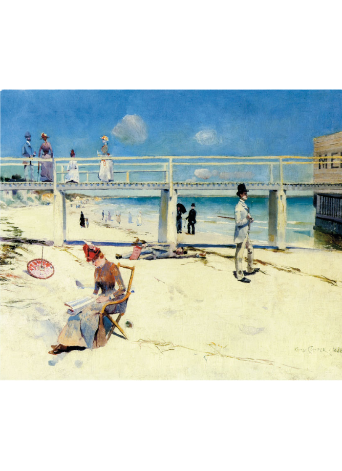 Art Card - Charles Conder's A Holiday at Mentone. Beach scene with a bridge.