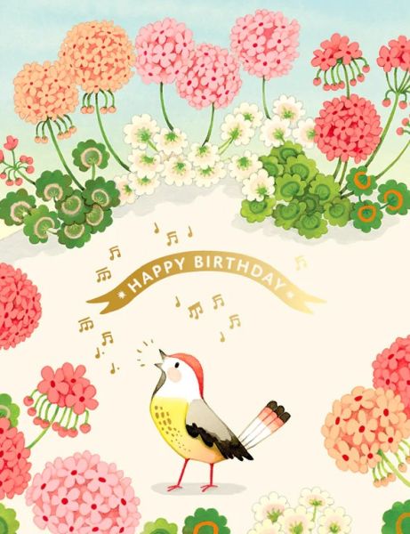 card with a bird tweeting surrounded by pink and red geraniums with green leaves.