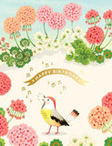 card with a bird tweeting surrounded by pink and red geraniums with green leaves.