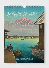 2027 calendar with Japanese art design featuring a couple by a lake and boat.