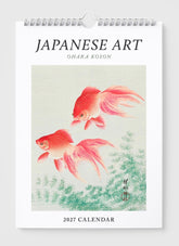 2027 calendar featuring Japanese art of two goldfish on a white background