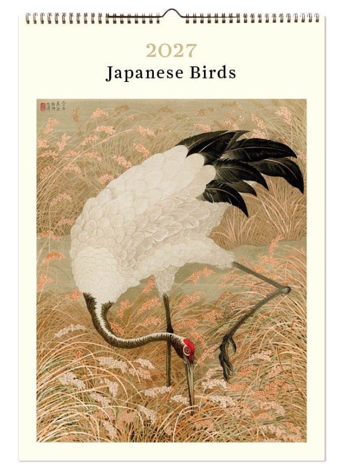 2027 Japanese Birds calendar with a crane illustration on a beige background