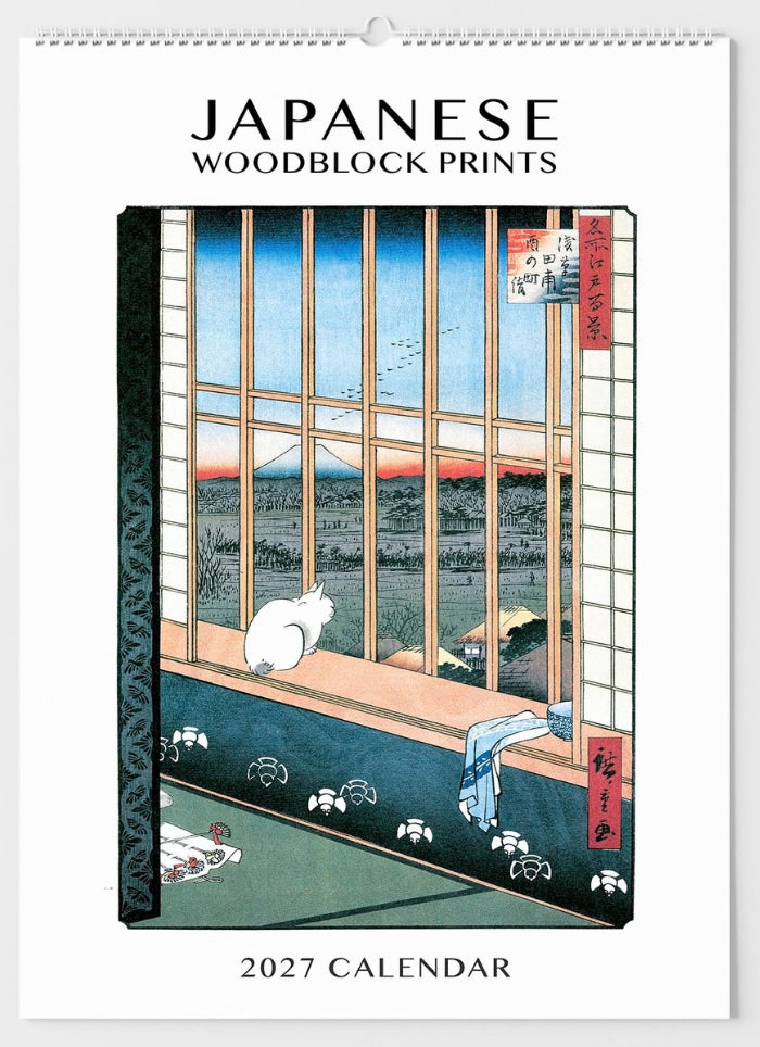 Calendar cover with Japanese woodblock print design featuring a cat and window view, titled 'Japanese Woodblock Prints 2027 Calendar'.