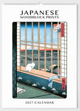 Calendar cover with Japanese woodblock print design featuring a cat and window view, titled 'Japanese Woodblock Prints 2027 Calendar'.