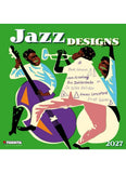 Cover of the Jazz Designs calendar featuring bright colours and people playing instruments