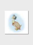 Illustration of a duck wearing a dress and bonnet on a light blue background