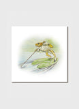 Illustration of a frog playing golf on a lily pad with a white background