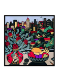 A bright coloured windowsill scene with a vase with banksia and a fruit bowl.