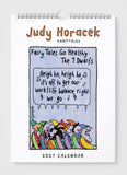 Calendar cover with cartoon illustration of dwarfs and text, featuring Judy Horacek's fairy tale theme.