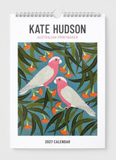 Calendar cover with parrots and leaves, featuring Kate Hudson's Australian Printmaker branding.