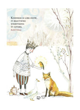 Illustration of a person in a snowy scene with animals and a quote by Kahlil Gibran.