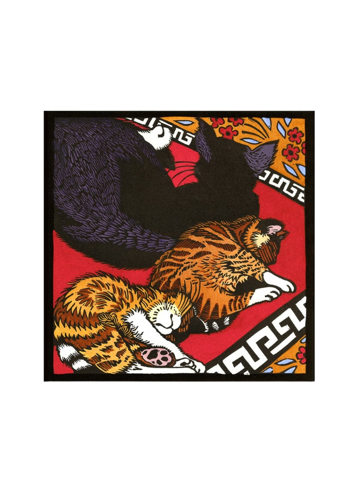 A square art print featuring three stylized cats in a bold, graphic design with a black border, set against a plain white background.