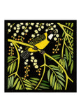A square art print featuring a stylized yellow bird perched on a branch among green leaves and small white flowers on a black background, centered on a white canvas.