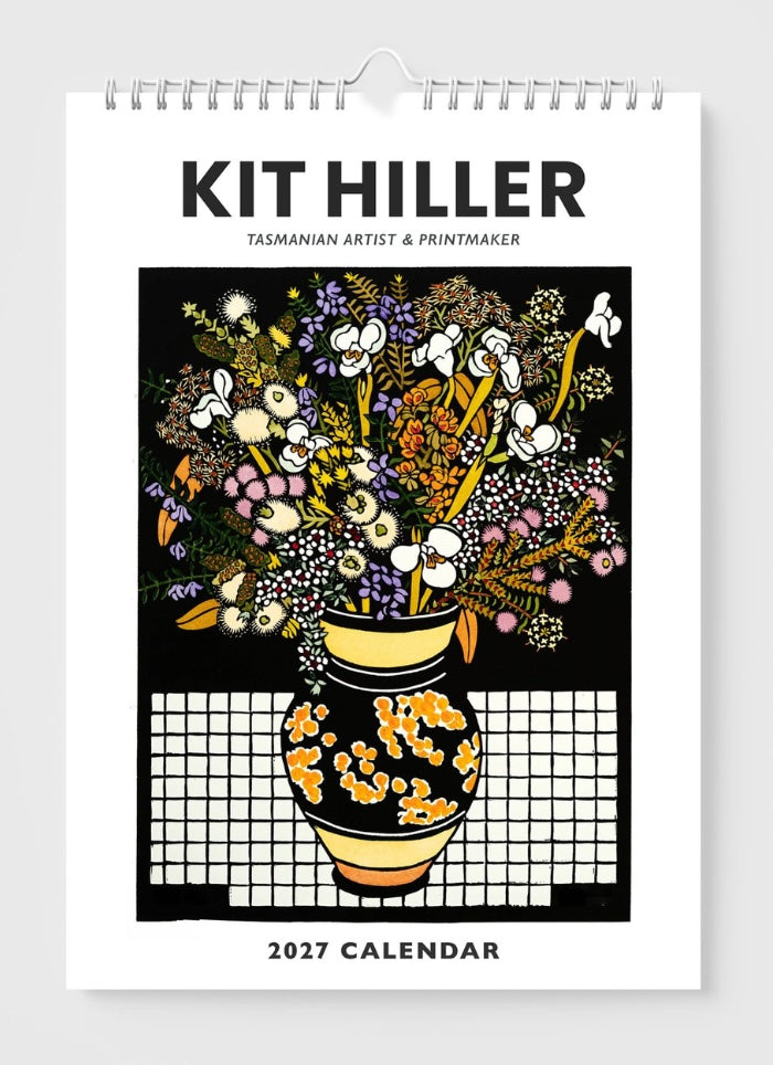Cover of Kit Hiller calendar witha vase and flowers in blacks and browns.
