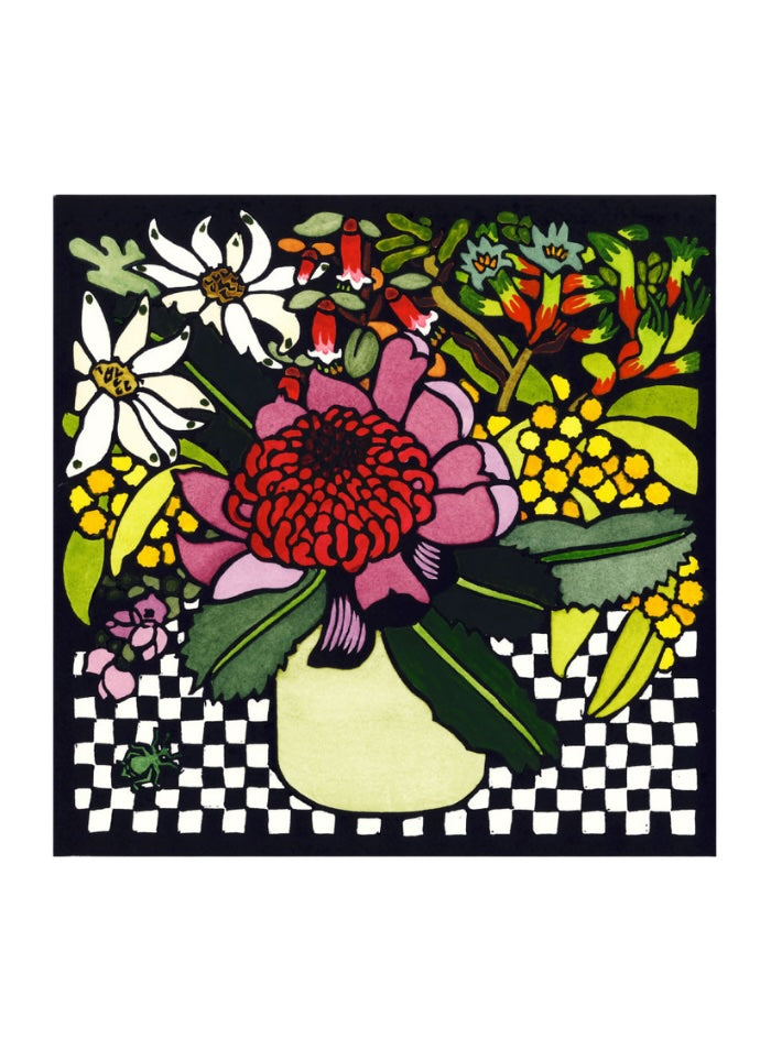 A square card with a cream vase full of Australian native flowers including a waratah on a black and white check tablecloth