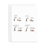 A white greeting card with six small cartoon illustrations arranged in a grid, each showing a person interacting with a phone and accompanied by humorous text captions. A second white card is partially visible behind the main card on a clean white background.