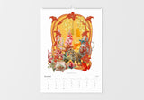 Decorative calendar with art nouveau design featuring animals and flowers on a white background