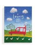 A hardcover diary with a colorful illustrated cover showing the text 'Leunig 2027 Diary'. The cover art features a blue sky with white clouds, green hills, a red car, trees, and five white geese walking along a yellow path.