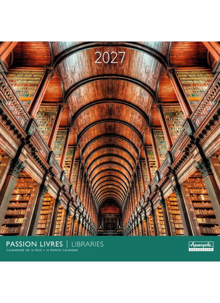 Calendar cover with a library interior design and 'Passion Livres' branding.