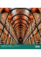 Calendar cover with a library interior design and 'Passion Livres' branding.