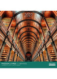 Calendar cover with a library interior design and 'Passion Livres' branding.