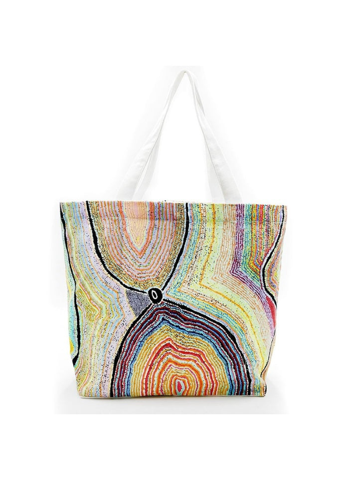 Tote bag with a colorful agate slice pattern on a white background