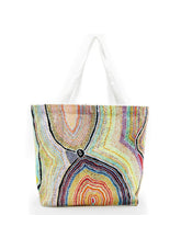 Tote bag with a colorful agate slice pattern on a white background