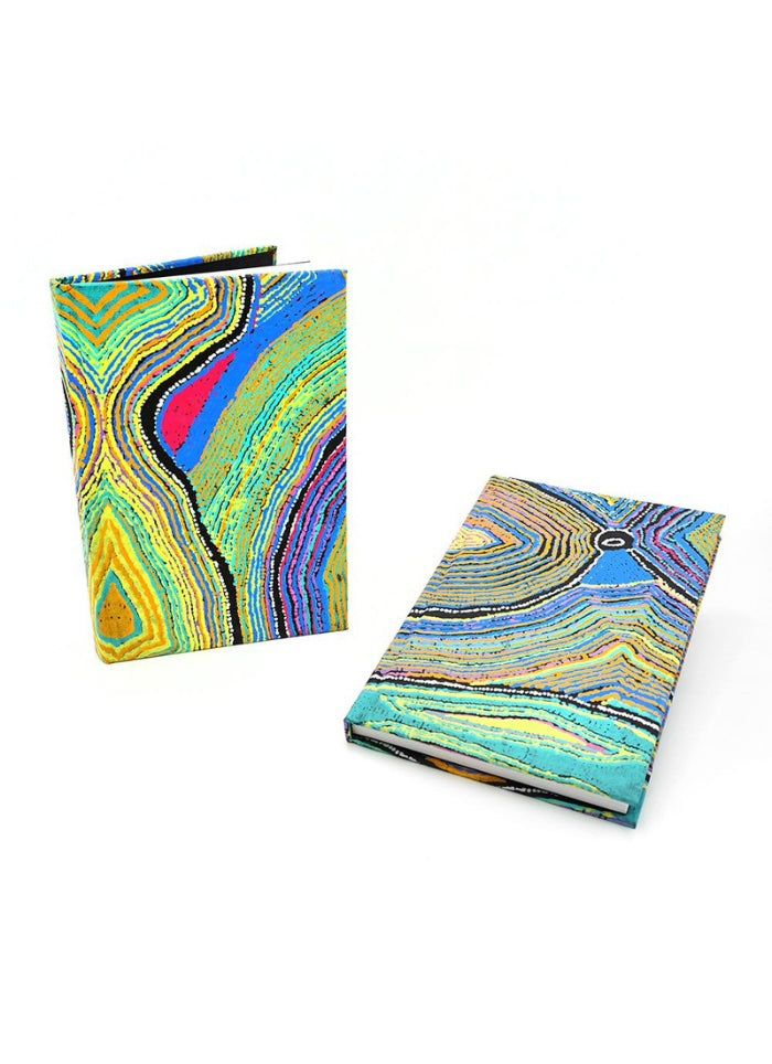 Two colorful patterned notebooks on a white background