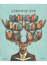 Calendar cover with a deer wearing a suit and tie, antlers made of books, and 'Literary Art' text.