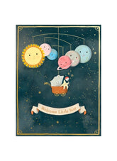 Illustration of a baby in a stroller surrounded by colorful planets and stars with 'Welcome Little Star' text.