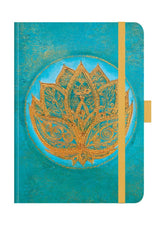 Journal with gold lotus design on a blue background