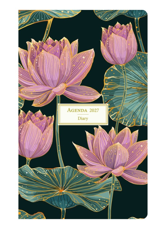 Agenda 2027 diary with purple lotus flowers on a dark green background