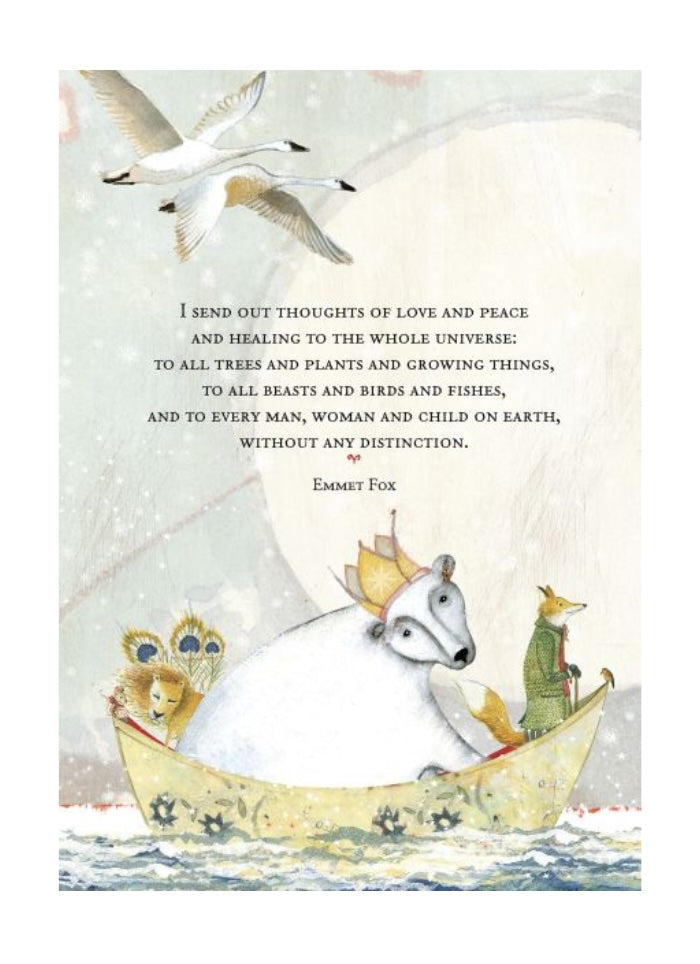 Illustration of animals in a boat with a quote by Emmet Fox on a light background