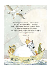 Illustration of animals in a boat with a quote by Emmet Fox on a light background